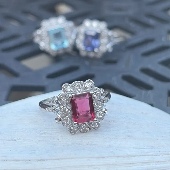 Emerald Cut 1.75 tcw Genuine Ruby & Diamond Ring Sterling Silver Size 7 - Picture 8 of 13